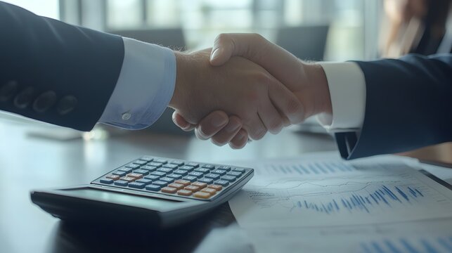 Closeup of a calculator, contract, and handshake in a negotiation meeting, financial negotiation, numbers driven dealmaking