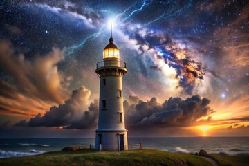 a lighthouse is lit up in the night sky