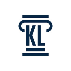 This is a monogram logo design of a capital letter KL in pillar shape in blue color for lawyer office or law related logo