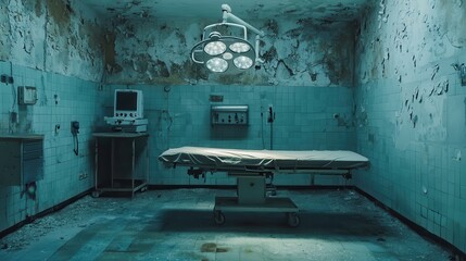 Abandoned Hospital Operating Room with Dim Lighting and Decaying Walls, Evoking a Haunting Atmosphere of Neglect and Desolation, Perfect for Horror Themes and Urban Exploration