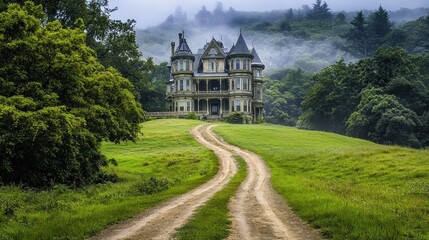 Obraz premium Enigmatic Victorian Mansion Surrounded by Lush Greenery and Misty Hills, Captivating Landscape Invoking a Sense of Mystery and Historical Elegance