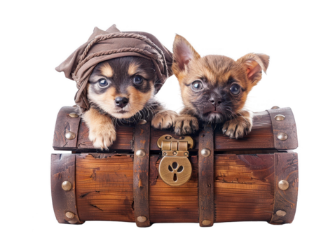 Adorable puppies peeking out from wooden treasure chest, wearing playful accessories. Their curious expressions add charming touch to this delightful scene