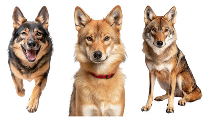 The image showcases three distinct dogs, each displaying unique expressions and features, highlighting their diverse appearances.