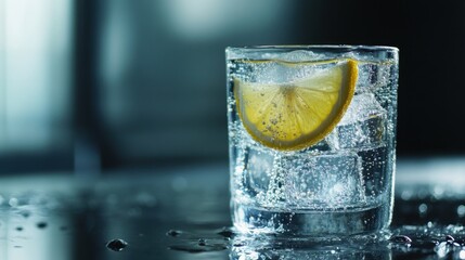 Refreshing Glass of Sparkling Water with Lemon Slice and Ice Cubes Isolated on White Background