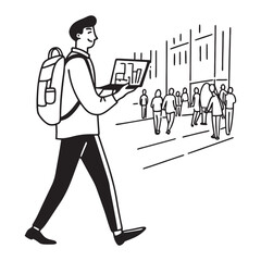 A man walking with a backpack, carrying a laptop and a project timeline in hand.