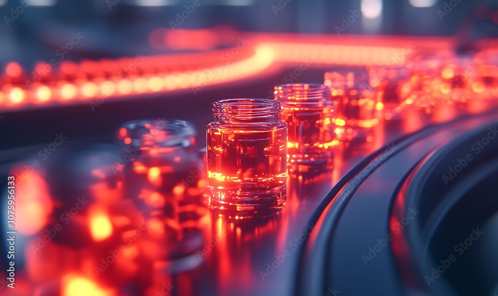 Poster a series of illuminated glass bottles lined up on a conveyor belt, reflecting vibrant red lights in 