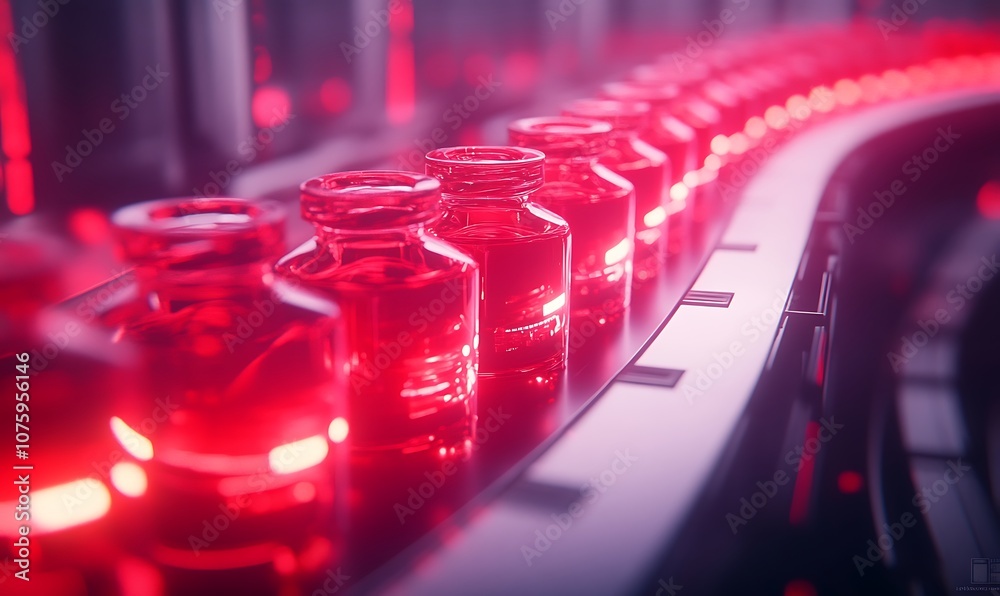 Aufkleber a row of illuminated red vials moves down a sleek conveyor belt in a modern industrial setting.