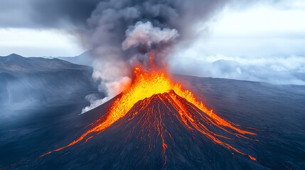 Volcano erupting with lava and smoke against a cloudy sky.