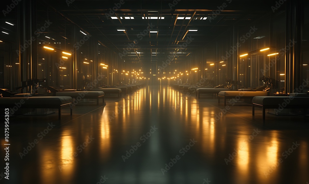Aufkleber A dimly lit industrial space featuring long rows of illuminated tables and a reflective floor, creating an atmospheric and haunting ambiance.