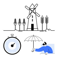 Windmill with corn timer and man holding umbrella. Ideal for agriculture, time management, protection, weather, farming, rural life, environmental themes. Line metaphor