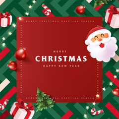 Merry Christmas and happy new year sign banner frame with festive decoration and happy santa claus