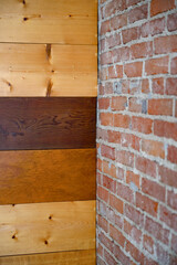 wooden wall background corner with bricks