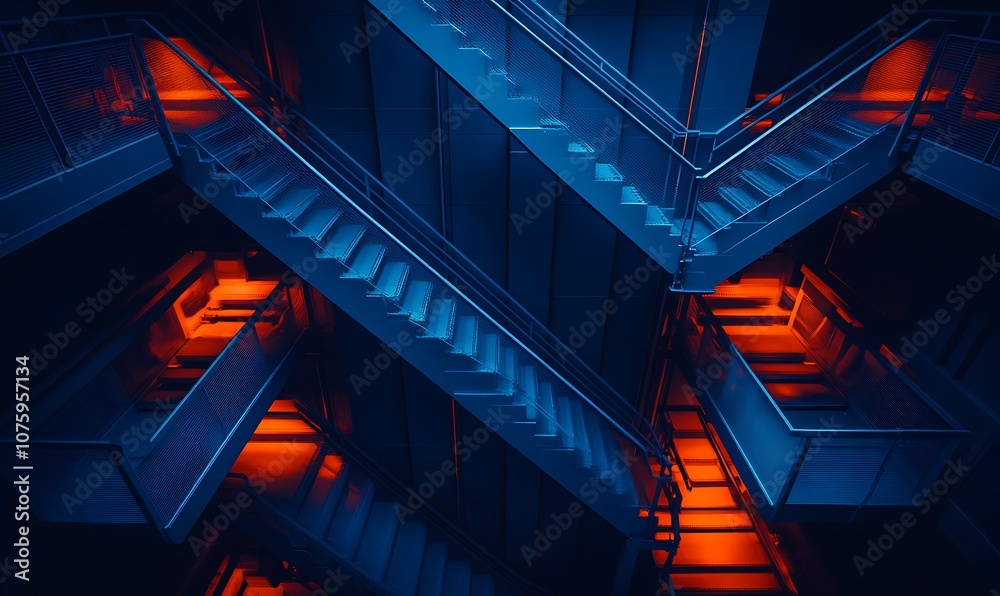Aufkleber a visually striking design of intersecting staircases illuminated with vibrant blue and red lighting