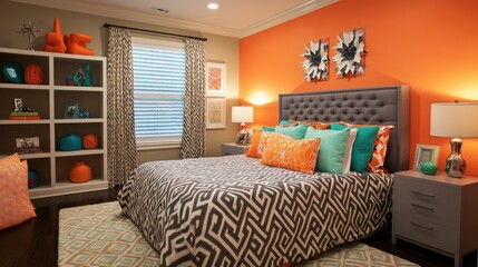 Cozy and Vibrant Bedroom Design with Orange Accents, Stylish Bedding, and Contemporary Decor Elements Ideal for Home Interior Inspiration and Stock Photography