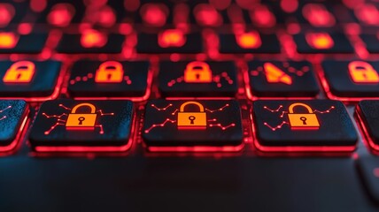 A close-up of a keyboard featuring illuminated lock symbols, highlighting themes of cybersecurity and data protection with a vibrant red glow.