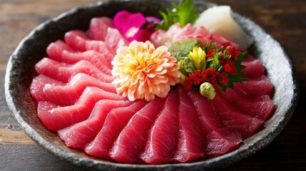 Exquisite Tuna Sashimi Floral Arrangement with Edible Blossoms for Gourmet Dining