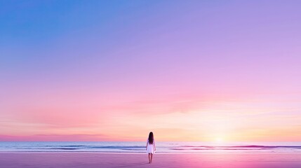 Serene Woman Walking Towards Horizon at Sunrise on Tranquil Beach with Soft Pastel Sky and Calm Ocean Waves Creating a Peaceful Atmosphere of Reflection and Freedom