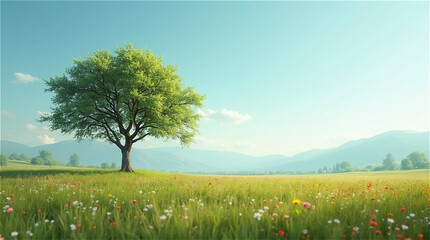 Obraz premium Trees on a meadow with flowers and grass on a clean, sunny day.