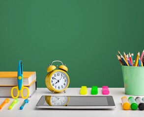 Set of school supplies on desk with wall background