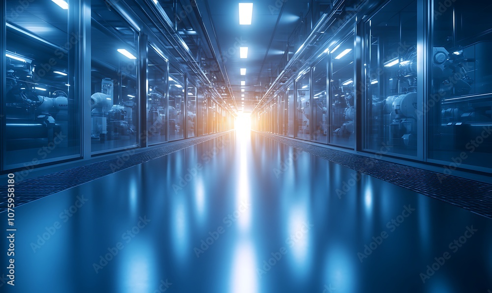 Poster a futuristic corridor illuminated by bright lights, featuring sleek surfaces and glass panels, creat