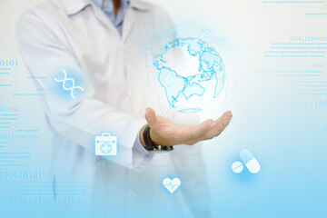 Doctor or scientist in a white lab coat standing with his hand open and facing up. Showing symbol of medicine innovation, treatment, discovery and healthcare analysis.