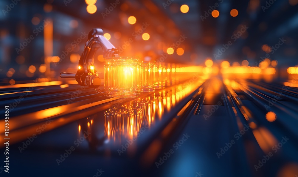 Poster a close-up view of illuminated rail tracks, capturing vibrant orange lights and a reflective surface