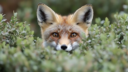 Obraz premium A red fox with a white muzzle and large, dark eyes peers from behind a thicket of green bushes.