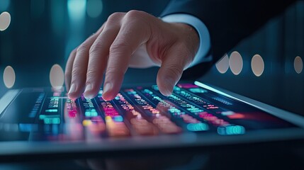 Naklejka premium Business Professional Using Modern Digital Tablet for Financial Analysis in a Sleek Office Environment with Colorful Data Visualization Background