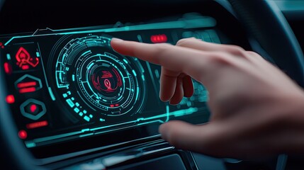 Futuristic Touchscreen Interface in Modern Car Dashboard with User Interaction Highlighting Advanced Technology and Enhanced Driver Experience