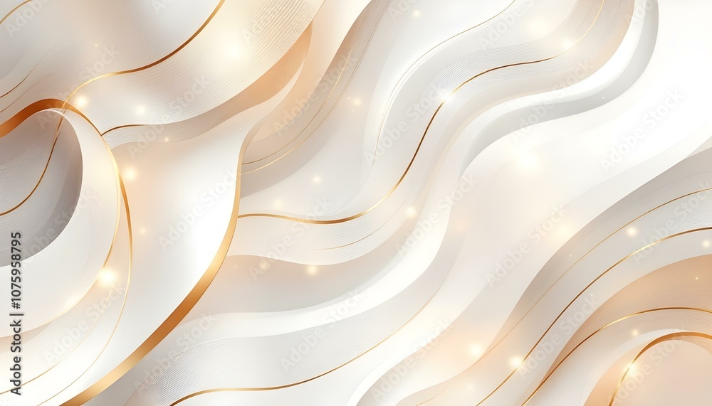 Poster Abstract background with elegant white waves and subtle gold lines. Perfect for presentations, websites, and social media. Abstract background with subtle waves and a soft, blurred, cream color