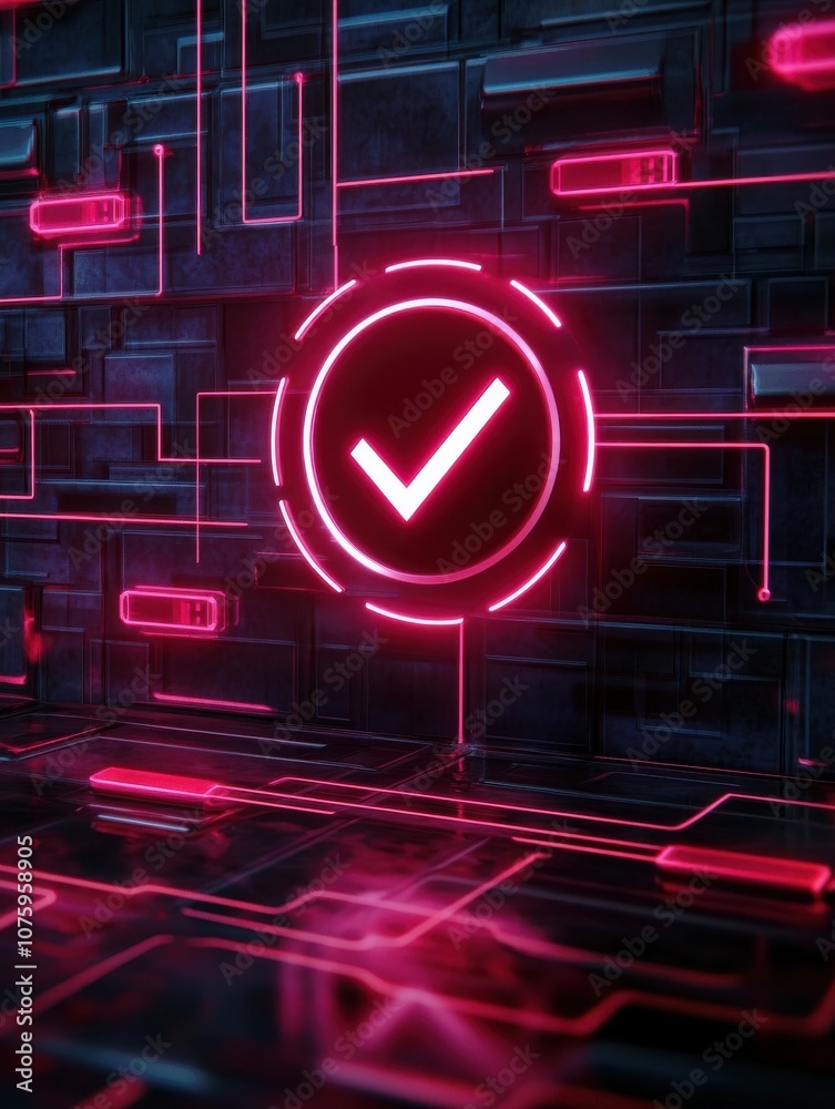 Poster a glowing pink checkmark symbol amid a digital circuit pattern representing validation or completion