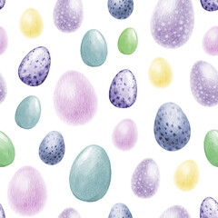 Pastel colored Easter eggs hand painted seamless pattern on white background. Perfect for Easter spring decor, backgrounds, gift wrap, holiday projects. Soft, charming design for seasonal creativity