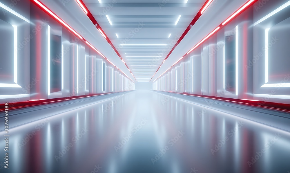 Aufkleber A futuristic hallway with glowing lights and a reflective floor, creating a sleek and modern atmosphere.