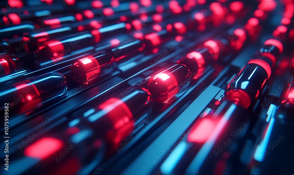 Poster A vibrant, abstract image featuring rows of glowing red cylindrical shapes, creating a dynamic and futuristic visual effect.