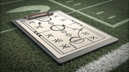 Tactical football strategy board on grass field: game plan and play diagram