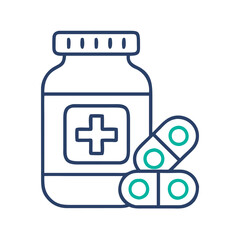 Medicine bottle icon with pills, symbolizing pharmaceutical products and healthcare.