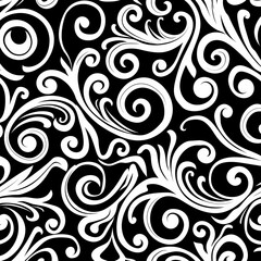 Elegant black and white swirling floral pattern featuring intricate curves and swirls, perfect for stylish backgrounds or textiles.