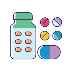 Medicine bottle icon with pills, symbolizing pharmaceutical products and healthcare.