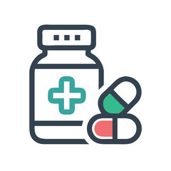 Obraz premium Medicine bottle icon with pills, symbolizing pharmaceutical products and healthcare.
