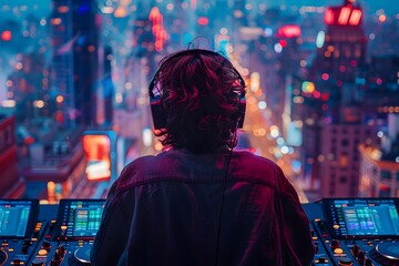 DJ Immersed in Mixing Music at Trendy Rooftop Party with Cityscape View