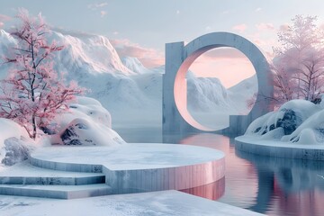 Geometrical 3D Winter Landscape with Illuminated Arch and Podium