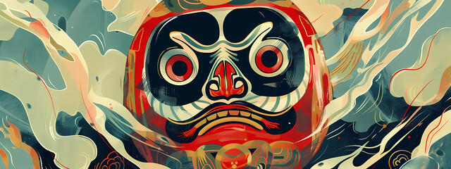 A vibrant illustration of a daruma doll with fiery colors, representing perseverance and good luck, set against a swirling misty background.