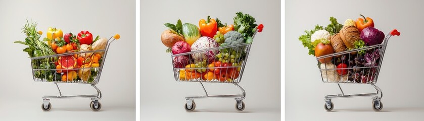 Fresh and Colorful Assortment of Vegetables and Fruits in Shopping Carts Perfect for Healthy Eating, Nutrition, and Grocery Shopping Enthusiasts