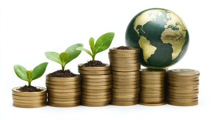 Growth of Investment and Sustainability with Coins, Plants, and Globe Representing Economic Prosperity and Environmental Awareness in Financial Context