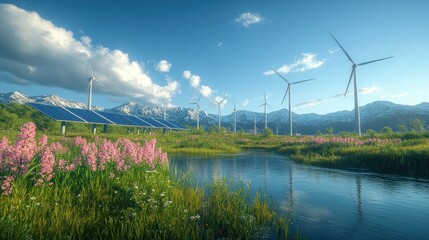 Scenic landscape featuring wind turbines and solar panels by a river.