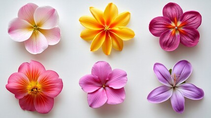 Six colorful artificial flowers arranged in a row on a white background.