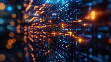 Fototapeta premium Abstract digital landscape with glowing data streams and particles.