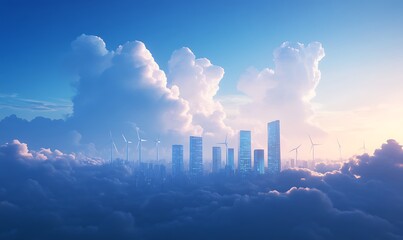 Fototapeta premium A serene skyline emerges above fluffy clouds, illuminated by soft blue light, suggesting a futuristic city amidst a tranquil atmosphere.