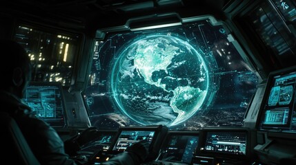 Obraz premium Futuristic Space Control Room with Holographic Earth Displaying North and South America in a High-Tech Sci-Fi Environment