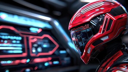 Futuristic Red Helmet in a High-Tech Environment with Digital Display and Sci-Fi Elements Showcasing Advanced Space Technology and Exploration Concepts